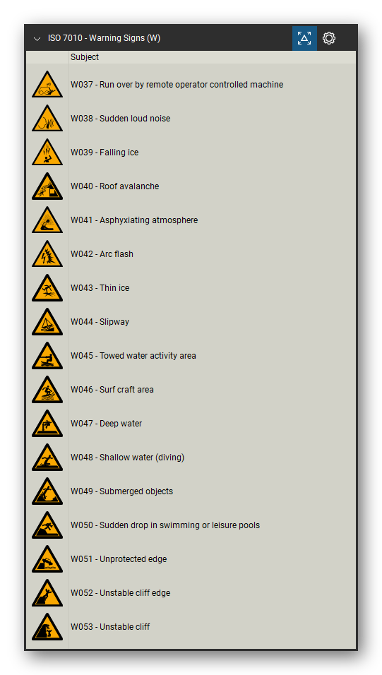 ISO 7010 Safety Signs tool set for Bluebeam Revu, Warning Signs (W) set (part 3 of 5) - 87 yellow warning signs: general warning, explosive, radioactive, laser beam, magnetic field, floor-level obstacle, drop, biological hazard, slippery surface, electricity, forklift trucks, overhead load, toxic, hot surface, crushing, flammable, corrosive, battery charging, pressurized cylinder, arc flash, falling objects, fragile roof and more. Tool Chest in Detail view, one row per sign with its number and full name.