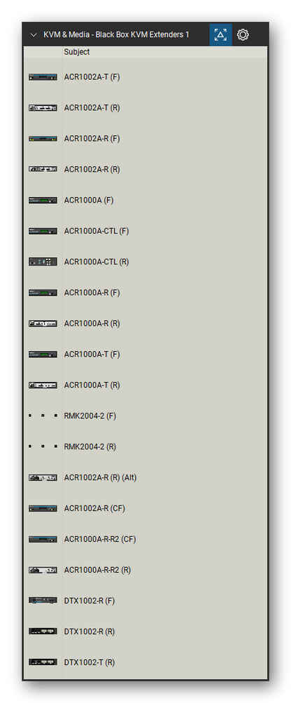 KVM, Console Servers & Media Converters tool set for Bluebeam Revu, Black Box KVM Extenders 1 set (tools 1-20 of 383) - 20 views of 10 devices, front and rear: ACR1002A-T, ACR1002A-R, ACR1000A, ACR1000A-CTL, ACR1000A-R, ACR1000A-T, RMK2004-2, ACR1000A-R-R2, DTX1002-R and DTX1002-T. Tool Chest in Detail view, one row per tool with its name.