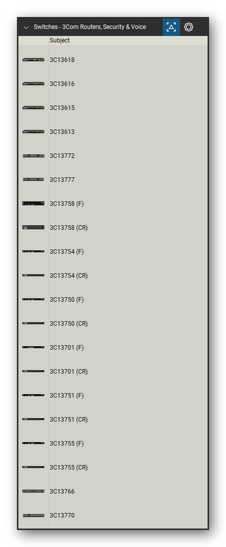 Network Switches & Routers tool set for Bluebeam Revu, 3Com Routers, Security & Voice set (tools 1-20 of 163) - 20 views of 14 devices, front and rear: 3C13618, 3C13616, 3C13615, 3C13613, 3C13772, 3C13777, 3C13758, 3C13754, 3C13750, 3C13701 and 4 more. Tool Chest in Detail view, one row per tool with its name.