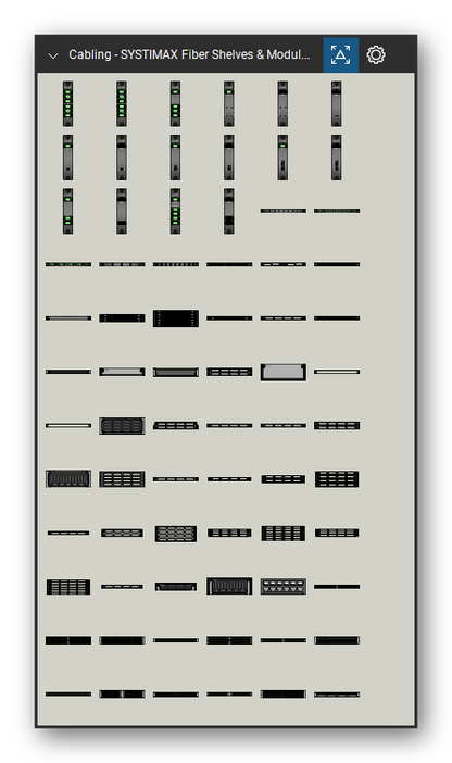 Patch Panels, Fiber & Outlets tool set for Bluebeam Revu, SYSTIMAX Fiber Shelves & Modules set (tools 1-72 of 293) - 72 tools: CommScope BOS-WD-00202-2, CommScope BOS-WD-00201-2, CommScope BOS-WD-00303-1, CommScope BOS-SP-11032, CommScope BOS-SP-12032, CommScope BOS-SP-12002, CommScope BOS-SP-11004, CommScope BOS-SP-12004, CommScope BOS-SP-11008, CommScope BOS-SP-12008 and 62 more. Tool Chest in Symbol view.