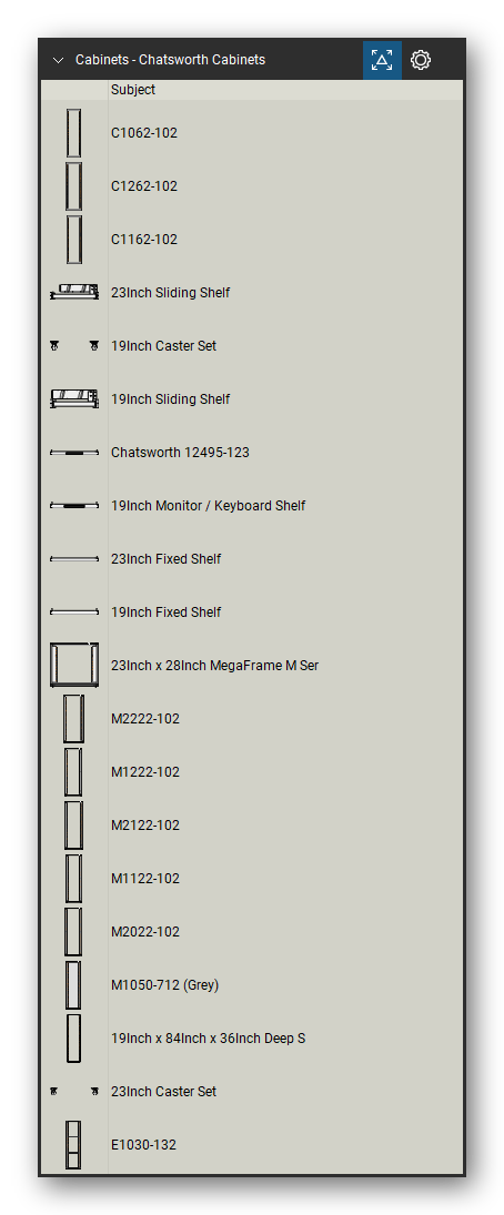 Racks, Cabinets & Cable Pathways tool set for Bluebeam Revu, Chatsworth Cabinets set (tools 1-20 of 120) - 20 tools: C1062-102, C1262-102, C1162-102, 23Inch Sliding Shelf, 19Inch Caster Set, 19Inch Sliding Shelf, Chatsworth 12495-123, 19Inch Monitor / Keyboard Shelf, 23Inch Fixed Shelf, 19Inch Fixed Shelf and 10 more. Tool Chest in Detail view, one row per tool with its name.
