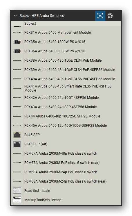 Racks tool set for Bluebeam Revu, HPE Aruba Switches set (part 10 of 10) - 187 views of Aruba 2530, 2540, 2930F, 2930M, 3810M, 5400R, 6200F, 6300, 6400, 8320, 8325 and 8400 switches with their modules, power supplies and fan trays, front and rear, and SFP and QSFP transceivers. Tool Chest in Detail view, one row per tool with its name.