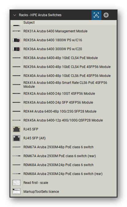 Racks tool set for Bluebeam Revu, HPE Aruba Switches set (part 10 of 10) - 187 views of Aruba 2530, 2540, 2930F, 2930M, 3810M, 5400R, 6200F, 6300, 6400, 8320, 8325 and 8400 switches with their modules, power supplies and fan trays, front and rear, and SFP and QSFP transceivers. Tool Chest in Detail view, one row per tool with its name.