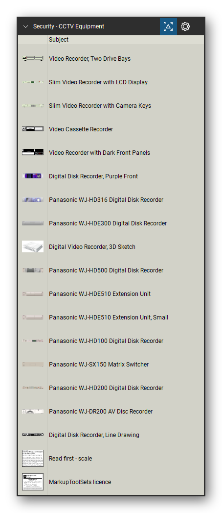 Security & Surveillance tool set for Bluebeam Revu, CCTV Equipment set (tools 38-54 of 54) - 17 tools: Video Recorder, Two Drive Bays, Slim Video Recorder with LCD Display, Slim Video Recorder with Camera Keys, Video Cassette Recorder, Video Recorder with Dark Front Panels, Digital Disk Recorder, Purple, Panasonic WJ-HD316 Digital Disk Recorder, Panasonic WJ-HDE300 Digital Disk Recorder, Digital Video Recorder, 3D Sketch and more. Tool Chest in Detail view, one row per tool with its name.