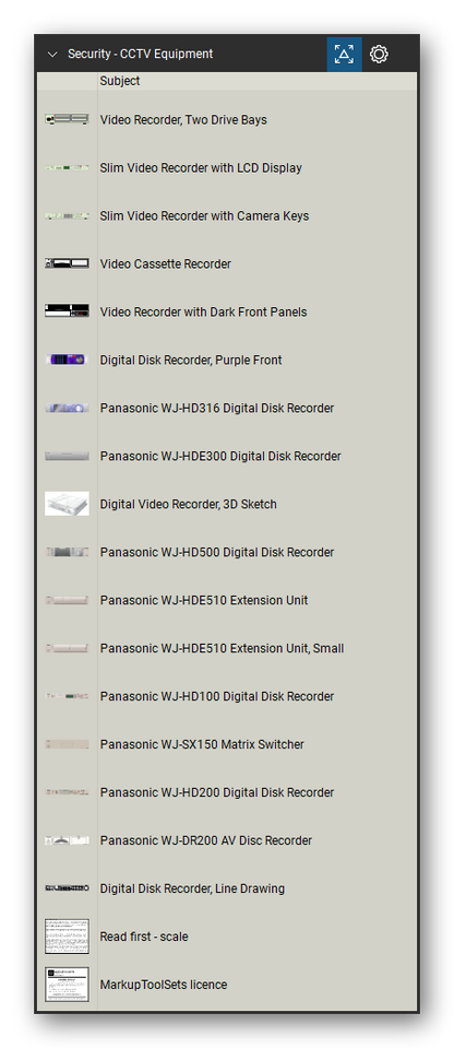Security & Surveillance tool set for Bluebeam Revu, CCTV Equipment set (tools 38-54 of 54) - 17 tools: Video Recorder, Two Drive Bays, Slim Video Recorder with LCD Display, Slim Video Recorder with Camera Keys, Video Cassette Recorder, Video Recorder with Dark Front Panels, Digital Disk Recorder, Purple, Panasonic WJ-HD316 Digital Disk Recorder, Panasonic WJ-HDE300 Digital Disk Recorder, Digital Video Recorder, 3D Sketch and more. Tool Chest in Detail view, one row per tool with its name.