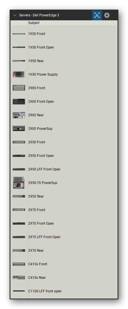 Servers tool set for Bluebeam Revu, Dell PowerEdge 3 set (tools 1-20 of 304) - 20 views of 15 devices, front and rear: 1950, 1950 Front Open, 1950 Power Supply, 2900, 2900 Front Open, 2900 PowerSup, 2950, 2950 Front Open, 2950 LFF Front Open, 2950-70 PowerSup and 5 more. Tool Chest in Detail view, one row per tool with its name.
