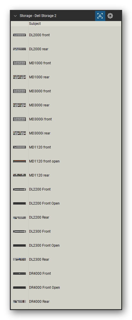 Storage & Backup tool set for Bluebeam Revu, Dell Storage 2 set (tools 1-20 of 240) - 20 views of 12 devices, front and rear: DL2000, MD1000, MD3000, MD3000i, MD1120, MD1120 front open, DL2200, DL2200 Front Open, DL2300, DL2300 Front Open and 2 more. Tool Chest in Detail view, one row per tool with its name.