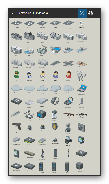 Automation & Electronics tool set for Bluebeam Revu, Hikvision 4 set (tools 73-144 of 186) - 72 tools: Gain Icon, Flat, CATV Combiner Icon, Flat, CATV Amplifier Icon, Flat, CATV Splitter Icon, Flat, CATV Tap Icon, Flat, Multimedia Icon, Upright, Government Building, School, Bank, Police Station and 62 more. Tool Chest in Symbol view.