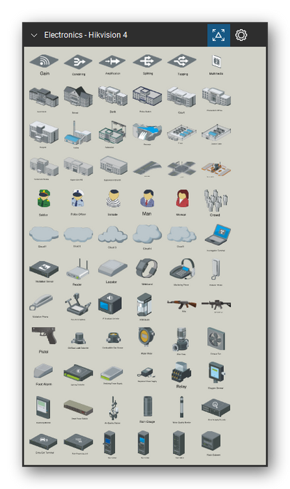 Automation & Electronics tool set for Bluebeam Revu, Hikvision 4 set (tools 73-144 of 186) - 72 tools: Gain Icon, Flat, CATV Combiner Icon, Flat, CATV Amplifier Icon, Flat, CATV Splitter Icon, Flat, CATV Tap Icon, Flat, Multimedia Icon, Upright, Government Building, School, Bank, Police Station and 62 more. Tool Chest in Symbol view.