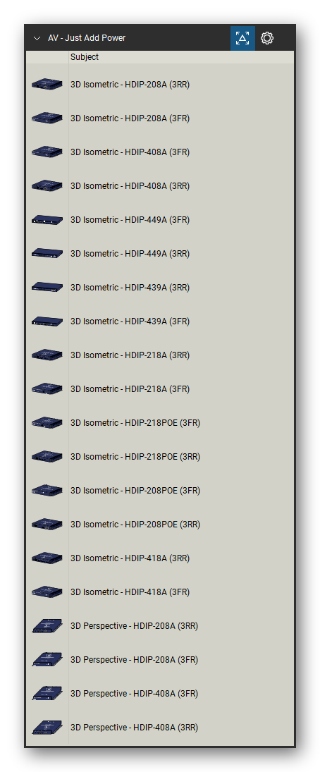 AV, Broadcast & Stage Lighting tool set for Bluebeam Revu, Just Add Power set (tools 1-20 of 58) - 20 views of 10 devices, isometric: 3D Isometric - HDIP-208A, 3D Isometric - HDIP-408A, 3D Isometric - HDIP-449A, 3D Isometric - HDIP-439A, 3D Isometric - HDIP-218A, 3D Isometric - HDIP-218POE, 3D Isometric - HDIP-208POE, 3D Isometric - HDIP-418A, 3D Perspective - HDIP-208A and 3D Perspective - HDIP-408A. Tool Chest in Detail view, one row per tool with its name.
