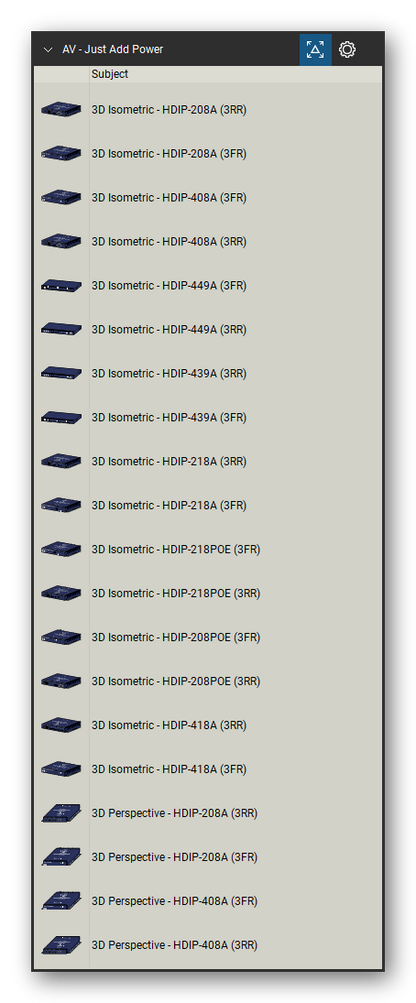 AV, Broadcast & Stage Lighting tool set for Bluebeam Revu, Just Add Power set (tools 1-20 of 58) - 20 views of 10 devices, isometric: 3D Isometric - HDIP-208A, 3D Isometric - HDIP-408A, 3D Isometric - HDIP-449A, 3D Isometric - HDIP-439A, 3D Isometric - HDIP-218A, 3D Isometric - HDIP-218POE, 3D Isometric - HDIP-208POE, 3D Isometric - HDIP-418A, 3D Perspective - HDIP-208A and 3D Perspective - HDIP-408A. Tool Chest in Detail view, one row per tool with its name.