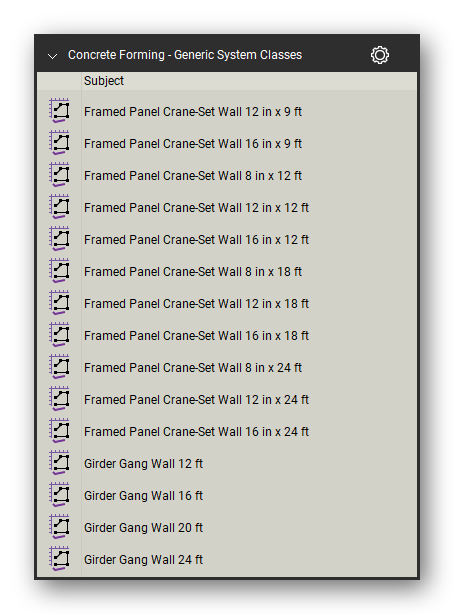 Generic system classes in the Concrete Forming Takeoff & Estimating Bluebeam tool set (sheet 2 of 3)