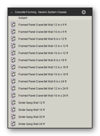Generic system classes in the Concrete Forming Takeoff & Estimating Bluebeam tool set (sheet 2 of 3)