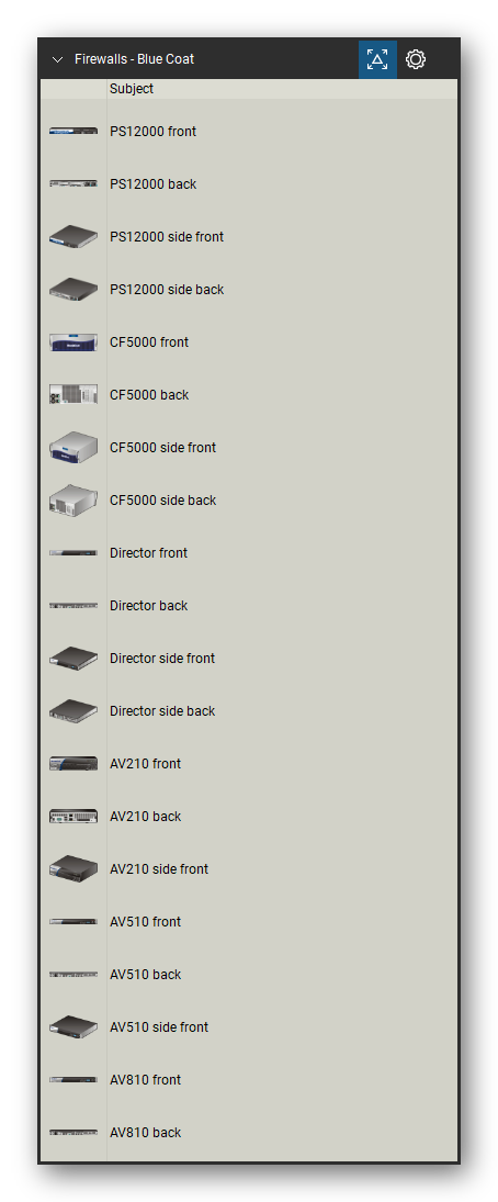 Firewalls & Security Appliances tool set for Bluebeam Revu, Blue Coat set (tools 21-40 of 166) - 20 views of 11 devices, front and rear: PS12000, PS12000 side, CF5000, CF5000 side, Director, Director side, AV210, AV210 side, AV510, AV510 side and 1 more. Tool Chest in Detail view, one row per tool with its name.