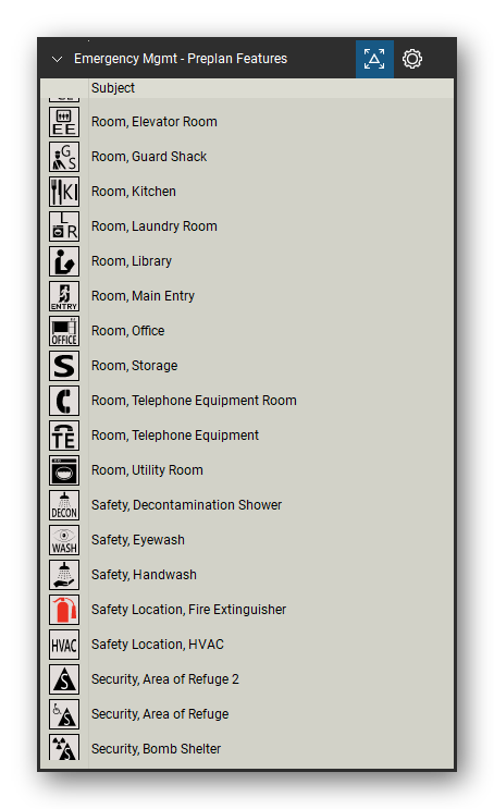 Incident & Emergency Management tool set for Bluebeam Revu, Preplan Features set (tools 58-76 of 93) - 19 tools: Room, Elevator Room, Room, Guard Shack, Room, Kitchen, Room, Laundry Room, Room, Library, Room, Main Entry, Room, Office, Room, Storage, Room, Telephone Equipment Room, Room, Telephone Equipment and 9 more. Tool Chest in Detail view, one row per tool with its name.