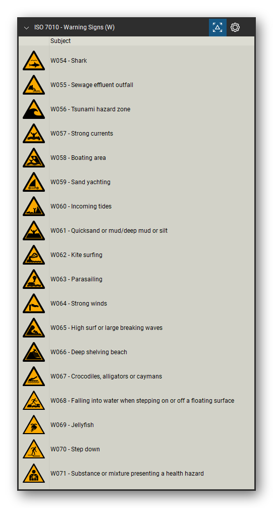 ISO 7010 Safety Signs tool set for Bluebeam Revu, Warning Signs (W) set (part 4 of 5) - 87 yellow warning signs: general warning, explosive, radioactive, laser beam, magnetic field, floor-level obstacle, drop, biological hazard, slippery surface, electricity, forklift trucks, overhead load, toxic, hot surface, crushing, flammable, corrosive, battery charging, pressurized cylinder, arc flash, falling objects, fragile roof and more. Tool Chest in Detail view, one row per sign with its number and full name.