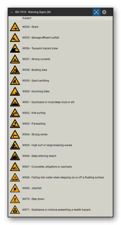 ISO 7010 Safety Signs tool set for Bluebeam Revu, Warning Signs (W) set (part 4 of 5) - 87 yellow warning signs: general warning, explosive, radioactive, laser beam, magnetic field, floor-level obstacle, drop, biological hazard, slippery surface, electricity, forklift trucks, overhead load, toxic, hot surface, crushing, flammable, corrosive, battery charging, pressurized cylinder, arc flash, falling objects, fragile roof and more. Tool Chest in Detail view, one row per sign with its number and full name.