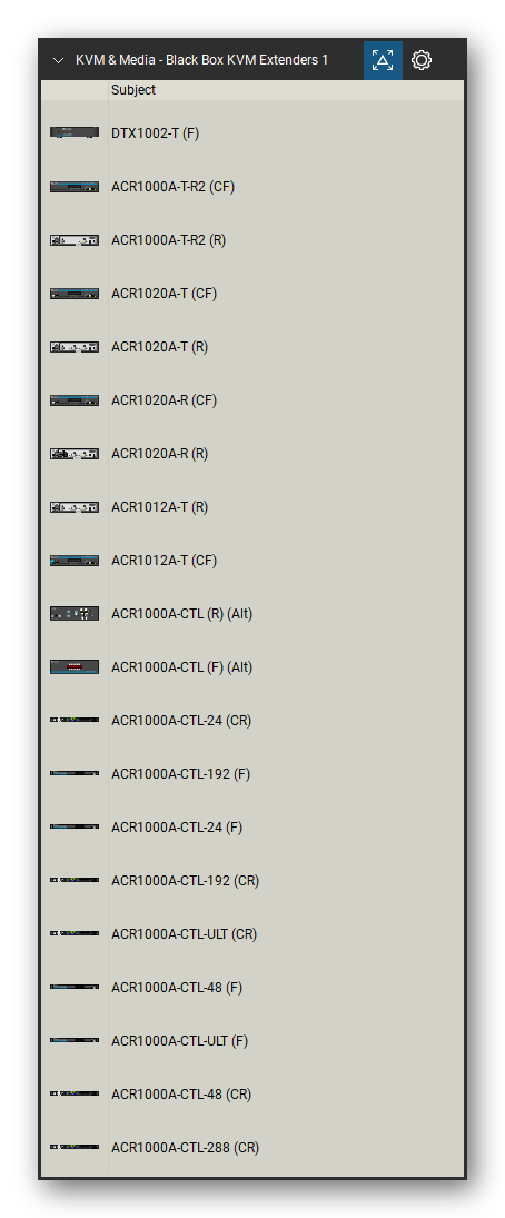 KVM, Console Servers & Media Converters tool set for Bluebeam Revu, Black Box KVM Extenders 1 set (tools 21-40 of 383) - 20 views of 11 devices, front and rear: DTX1002-T, ACR1000A-T-R2, ACR1020A-T, ACR1020A-R, ACR1012A-T, ACR1000A-CTL, ACR1000A-CTL-24, ACR1000A-CTL-192, ACR1000A-CTL-ULT, ACR1000A-CTL-48 and 1 more. Tool Chest in Detail view, one row per tool with its name.