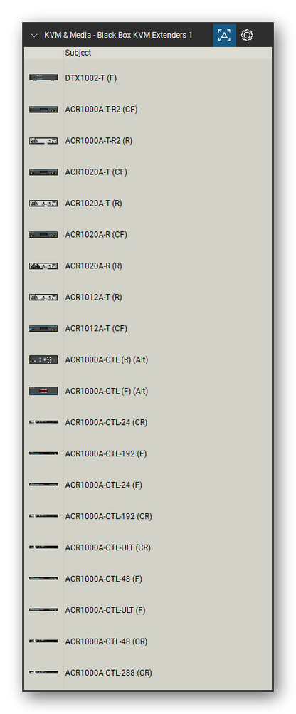 KVM, Console Servers & Media Converters tool set for Bluebeam Revu, Black Box KVM Extenders 1 set (tools 21-40 of 383) - 20 views of 11 devices, front and rear: DTX1002-T, ACR1000A-T-R2, ACR1020A-T, ACR1020A-R, ACR1012A-T, ACR1000A-CTL, ACR1000A-CTL-24, ACR1000A-CTL-192, ACR1000A-CTL-ULT, ACR1000A-CTL-48 and 1 more. Tool Chest in Detail view, one row per tool with its name.