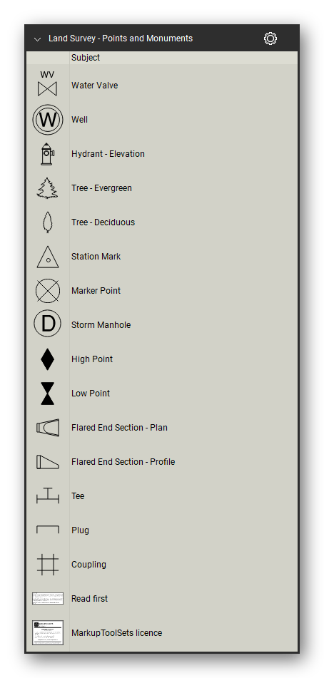 Land Survey tool set for Bluebeam Revu, Points and Monuments set (part 2 of 2) - 33 survey points and monuments: benchmarks, bounds, iron pins, drill holes, station marks, marker points, high and low points, test pits, wells, water shutoffs and valves, hydrants, utility and guy poles, trees, shrubs and flared end sections in plan and profile. Tool Chest in Detail view, one row per tool with its full name.
