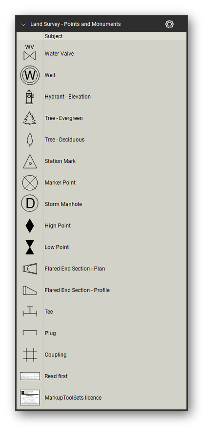 Land Survey tool set for Bluebeam Revu, Points and Monuments set (part 2 of 2) - 33 survey points and monuments: benchmarks, bounds, iron pins, drill holes, station marks, marker points, high and low points, test pits, wells, water shutoffs and valves, hydrants, utility and guy poles, trees, shrubs and flared end sections in plan and profile. Tool Chest in Detail view, one row per tool with its full name.