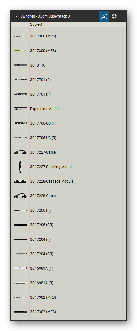 Network Switches & Routers tool set for Bluebeam Revu, 3Com SuperStack 3 set (tools 1-20 of 117) - 20 views of 15 devices, front and rear: 3C17300 (MRS), 3C17300 (MFS), 3C10116, 3C17701, Expansion Module, 3C17706-US, 3C17227-Cable, 3C17227-Stacking Module, 3C17228-Cascade Module, 3C17228-Cable and 5 more. Tool Chest in Detail view, one row per tool with its name.