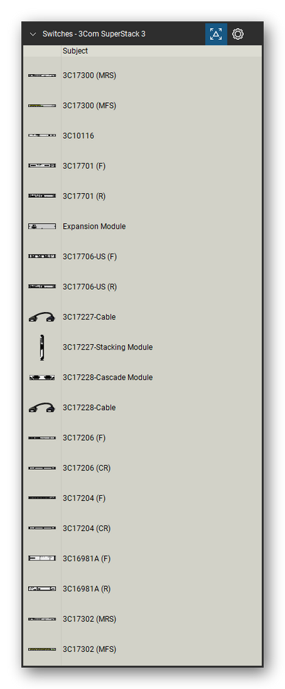 Network Switches & Routers tool set for Bluebeam Revu, 3Com SuperStack 3 set (tools 1-20 of 117) - 20 views of 15 devices, front and rear: 3C17300 (MRS), 3C17300 (MFS), 3C10116, 3C17701, Expansion Module, 3C17706-US, 3C17227-Cable, 3C17227-Stacking Module, 3C17228-Cascade Module, 3C17228-Cable and 5 more. Tool Chest in Detail view, one row per tool with its name.