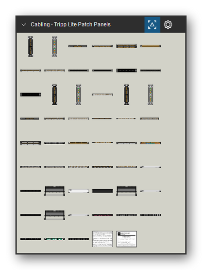 Patch Panels, Fiber & Outlets tool set for Bluebeam Revu, Tripp Lite Patch Panels set - 51 views of 40 devices, front, rear and top: N050-P12, N052-012, N052-024, N052-048, N052-048-1U, N052-P24, N054-024, N062-012-KJ, N062-016-KJ, N062-024-KJ and 30 more. Tool Chest in Symbol view.
