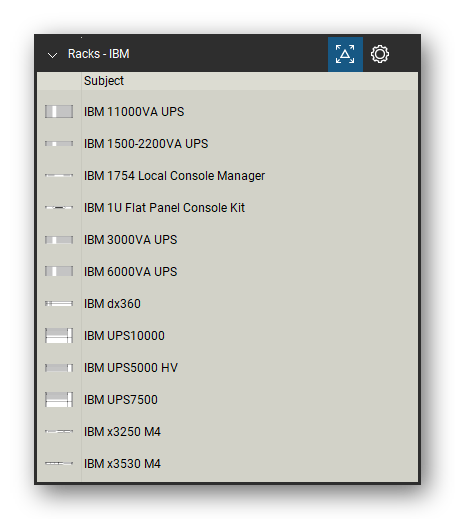 Racks tool set for Bluebeam Revu, IBM set (part 1 of 2) - 21 IBM devices: x3250 to x3950 and dx360 servers, UPS units from 1500 VA to 11000 VA, local console manager and flat panel console kit. Tool Chest in Detail view, one row per tool with its name.