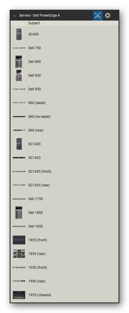 Servers tool set for Bluebeam Revu, Dell PowerEdge 4 set (tools 1-20 of 222) - 20 views of 17 devices, front and rear: SC430, Dell 750, Dell 800, Dell 830, Dell 850, 860 (bezel), 860 (no bezel), 860, SC1420, SC1425 and 7 more. Tool Chest in Detail view, one row per tool with its name.