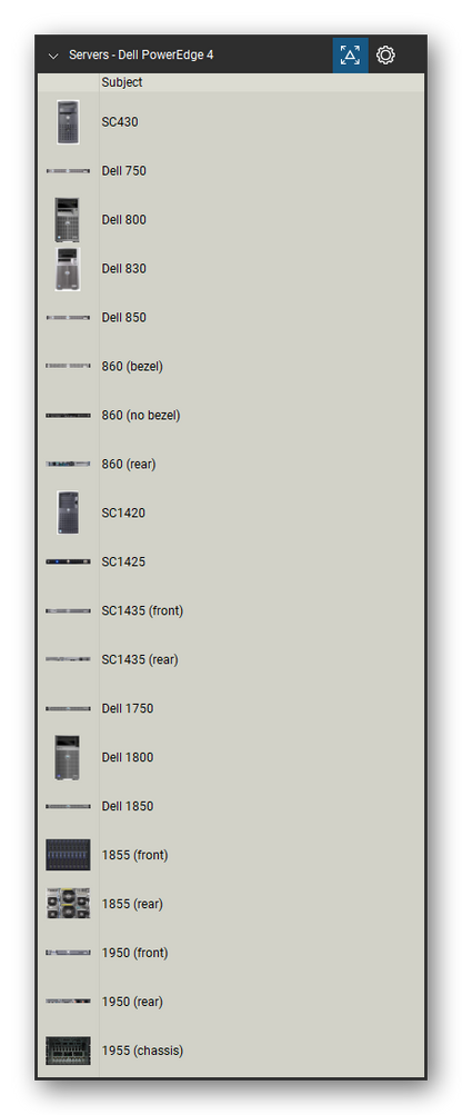 Servers tool set for Bluebeam Revu, Dell PowerEdge 4 set (tools 1-20 of 222) - 20 views of 17 devices, front and rear: SC430, Dell 750, Dell 800, Dell 830, Dell 850, 860 (bezel), 860 (no bezel), 860, SC1420, SC1425 and 7 more. Tool Chest in Detail view, one row per tool with its name.