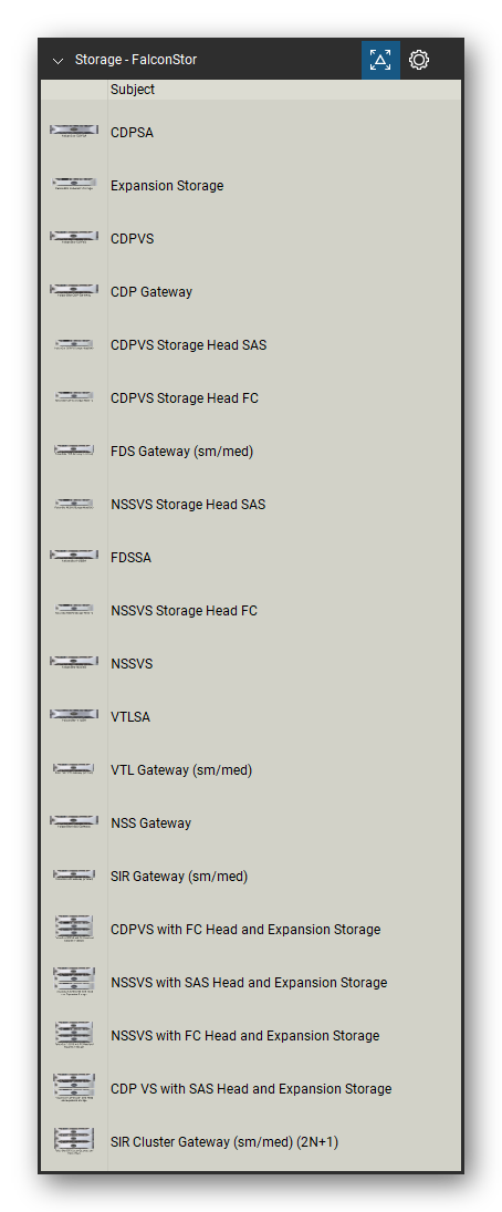 Storage & Backup tool set for Bluebeam Revu, FalconStor set (tools 1-20 of 41) - 20 tools: CDPSA, Expansion Storage, CDPVS, CDP Gateway, CDPVS Storage Head SAS, CDPVS Storage Head FC, FDS Gateway (sm/med), NSSVS Storage Head SAS, FDSSA, NSSVS Storage Head FC and 10 more. Tool Chest in Detail view, one row per tool with its name.