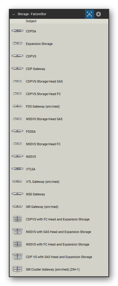 Storage & Backup tool set for Bluebeam Revu, FalconStor set (tools 1-20 of 41) - 20 tools: CDPSA, Expansion Storage, CDPVS, CDP Gateway, CDPVS Storage Head SAS, CDPVS Storage Head FC, FDS Gateway (sm/med), NSSVS Storage Head SAS, FDSSA, NSSVS Storage Head FC and 10 more. Tool Chest in Detail view, one row per tool with its name.
