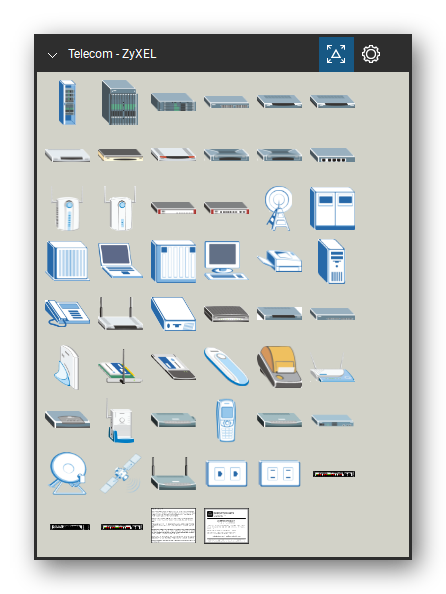 Telecom, Voice & Wireless tool set for Bluebeam Revu, ZyXEL set - 50 tools: Rack, IES3000, IES2000, Dimension switch (24 Port), Prestige 645, Prestige 841, ZyWALL 10, Prestige 652, ZyWALL 2, Cable Modem and 39 more. Tool Chest in Symbol view.