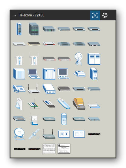 Telecom, Voice & Wireless tool set for Bluebeam Revu, ZyXEL set - 50 tools: Rack, IES3000, IES2000, Dimension switch (24 Port), Prestige 645, Prestige 841, ZyWALL 10, Prestige 652, ZyWALL 2, Cable Modem and 39 more. Tool Chest in Symbol view.