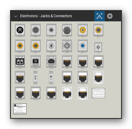 Automation & Electronics tool set for Bluebeam Revu, Jacks & Connectors set - 29 tools: 40734-SVx, 40735-Rxx, 40782-CPF, 40782-RxW, 40830-Bxx, 40831-0Bx, 40833-BWR, 40837-BWR, 40839-SxS, 41084-BxB and 19 more. Tool Chest in Symbol view.