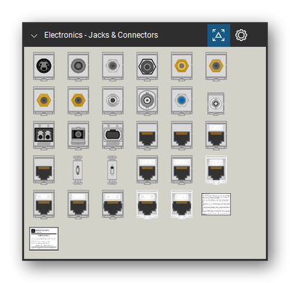 Automation & Electronics tool set for Bluebeam Revu, Jacks & Connectors set - 29 tools: 40734-SVx, 40735-Rxx, 40782-CPF, 40782-RxW, 40830-Bxx, 40831-0Bx, 40833-BWR, 40837-BWR, 40839-SxS, 41084-BxB and 19 more. Tool Chest in Symbol view.