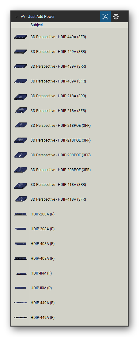 AV, Broadcast & Stage Lighting tool set for Bluebeam Revu, Just Add Power set (tools 21-40 of 58) - 20 views of 10 devices, front, rear and isometric: 3D Perspective - HDIP-449A, 3D Perspective - HDIP-439A, 3D Perspective - HDIP-218A, 3D Perspective - HDIP-218POE, 3D Perspective - HDIP-208POE, 3D Perspective - HDIP-418A, HDIP-208A, HDIP-408A, HDIP-IRM and HDIP-449A. Tool Chest in Detail view, one row per tool with its name.