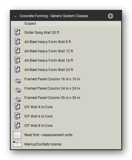 Generic system classes in the Concrete Forming Takeoff & Estimating Bluebeam tool set (sheet 3 of 3)