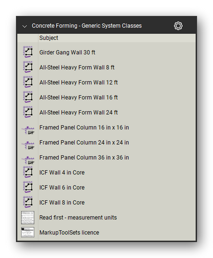 Generic system classes in the Concrete Forming Takeoff & Estimating Bluebeam tool set (sheet 3 of 3)