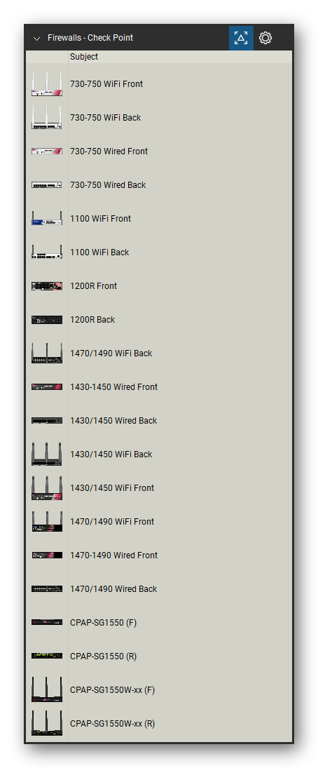Firewalls & Security Appliances tool set for Bluebeam Revu, Check Point set (tools 1-20 of 279) - 20 views of 12 devices, front and rear: 730-750 WiFi, 730-750 Wired, 1100 WiFi, 1200R, 1470/1490 WiFi, 1430-1450 Wired, 1430/1450 Wired, 1430/1450 WiFi, 1470-1490 Wired, 1470/1490 Wired and 2 more. Tool Chest in Detail view, one row per tool with its name.