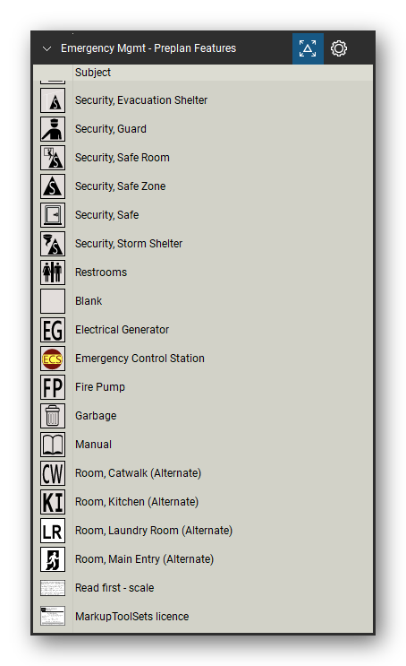 Incident & Emergency Management tool set for Bluebeam Revu, Preplan Features set (tools 77-93 of 93) - 17 tools: Security, Evacuation Shelter, Security, Guard, Security, Safe Room, Security, Safe Zone, Security, Safe, Security, Storm Shelter, Restrooms, Blank, Electrical Generator, Emergency Control Station and 7 more. Tool Chest in Detail view, one row per tool with its name.