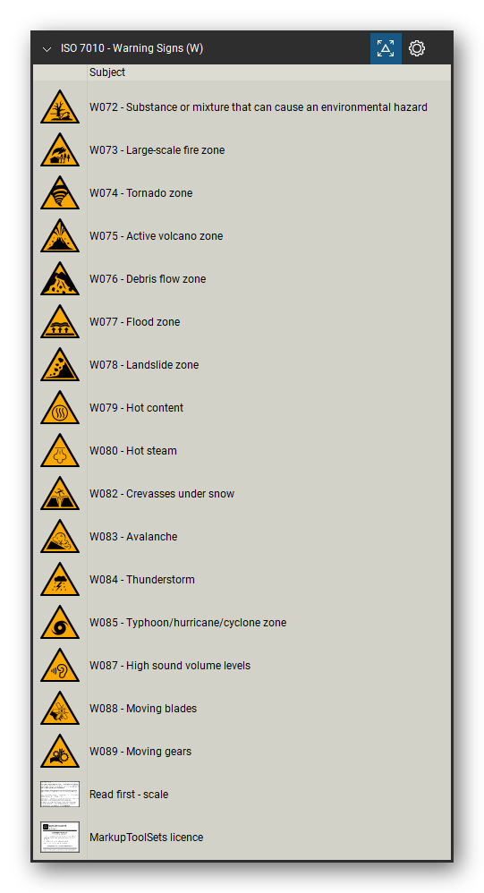 ISO 7010 Safety Signs tool set for Bluebeam Revu, Warning Signs (W) set (part 5 of 5) - 87 yellow warning signs: general warning, explosive, radioactive, laser beam, magnetic field, floor-level obstacle, drop, biological hazard, slippery surface, electricity, forklift trucks, overhead load, toxic, hot surface, crushing, flammable, corrosive, battery charging, pressurized cylinder, arc flash, falling objects, fragile roof and more. Tool Chest in Detail view, one row per sign with its number and full name.