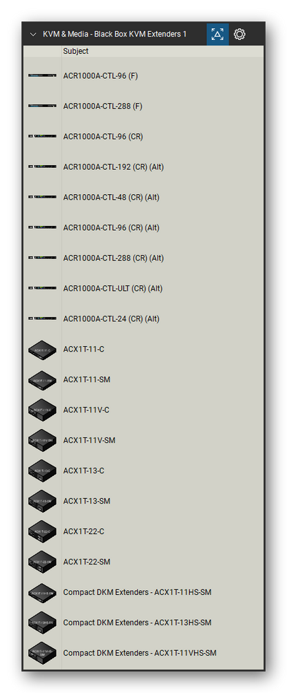 KVM, Console Servers & Media Converters tool set for Bluebeam Revu, Black Box KVM Extenders 1 set (tools 41-60 of 383) - 20 views of 17 devices, front and rear: ACR1000A-CTL-96, ACR1000A-CTL-288, ACR1000A-CTL-192, ACR1000A-CTL-48, ACR1000A-CTL-ULT, ACR1000A-CTL-24, ACX1T-11-C, ACX1T-11-SM, ACX1T-11V-C, ACX1T-11V-SM and 7 more. Tool Chest in Detail view, one row per tool with its name.