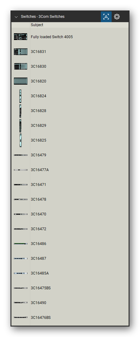Network Switches & Routers tool set for Bluebeam Revu, 3Com Switches set (tools 1-20 of 156) - 20 tools: Fully loaded Switch 4005, 3C16831, 3C16830, 3C16820, 3C16824, 3C16828, 3C16829, 3C16825, 3C16479, 3C16477A and 10 more. Tool Chest in Detail view, one row per tool with its name.