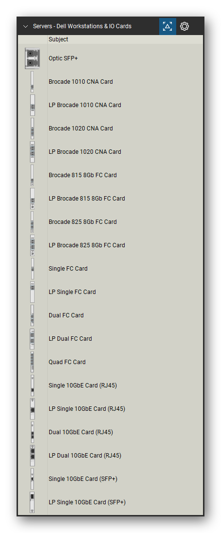 Servers tool set for Bluebeam Revu, Dell Workstations & IO Cards set (tools 1-20 of 74) - 20 tools: Optic SFP+, Brocade 1010 CNA Card, LP Brocade 1010 CNA Card, Brocade 1020 CNA Card, LP Brocade 1020 CNA Card, Brocade 815 8Gb FC Card, LP Brocade 815 8Gb FC Card, Brocade 825 8Gb FC Card, LP Brocade 825 8Gb FC Card, Single FC Card and 10 more. Tool Chest in Detail view, one row per tool with its name.