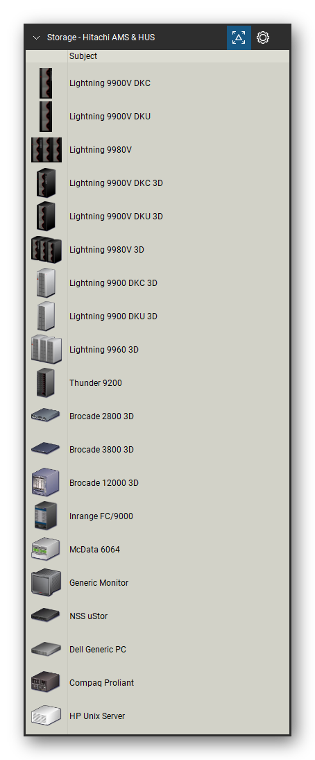 Storage & Backup tool set for Bluebeam Revu, Hitachi AMS & HUS set (tools 1-20 of 179) - 20 views of 17 devices, isometric: Lightning 9900V DKC, Lightning 9900V DKU, Lightning 9980V, Lightning 9900 DKC, Lightning 9900 DKU, Lightning 9960, Thunder 9200, Brocade 2800, Brocade 3800, Brocade 12000 and 7 more. Tool Chest in Detail view, one row per tool with its name.