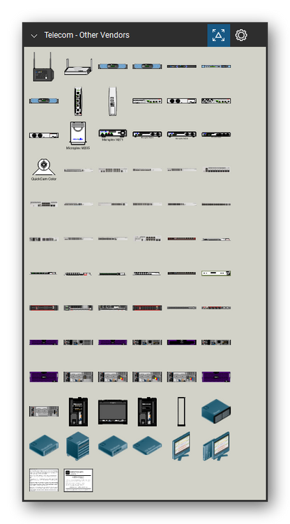 Telecom, Voice & Wireless tool set for Bluebeam Revu, Other Vendors set - 72 views of 64 devices, front, rear and side: Bluesocket IPS, Bluesocket AP-1500, Bluesocket BSC-5000, Bluesocket BSC-2100, Bluesocket BSC-1100, Bluesocket BSC-400, Bluesocket BVMS, Ciena 170-3903-910, Ciena 170-3903-901, Ciena 170-3903-900 and 54 more. Tool Chest in Symbol view.