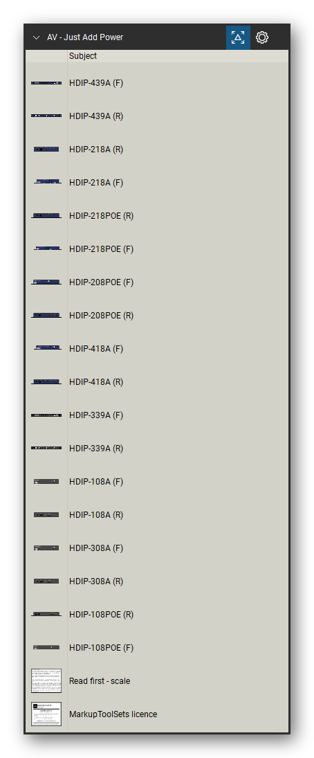 AV, Broadcast & Stage Lighting tool set for Bluebeam Revu, Just Add Power set (tools 41-58 of 58) - 18 views of 9 devices, front and rear: HDIP-439A, HDIP-218A, HDIP-218POE, HDIP-208POE, HDIP-418A, HDIP-339A, HDIP-108A, HDIP-308A and HDIP-108POE. Tool Chest in Detail view, one row per tool with its name.
