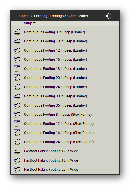 Footings and grade beams in the Concrete Forming Takeoff & Estimating Bluebeam tool set (sheet 1 of 4)